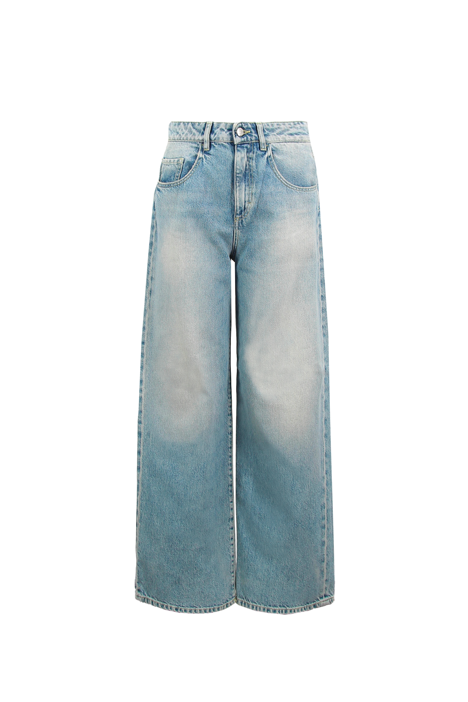 Still life of Poppy women’s wide leg jeans in smoke blue wash, 100% rigid cotton denim.