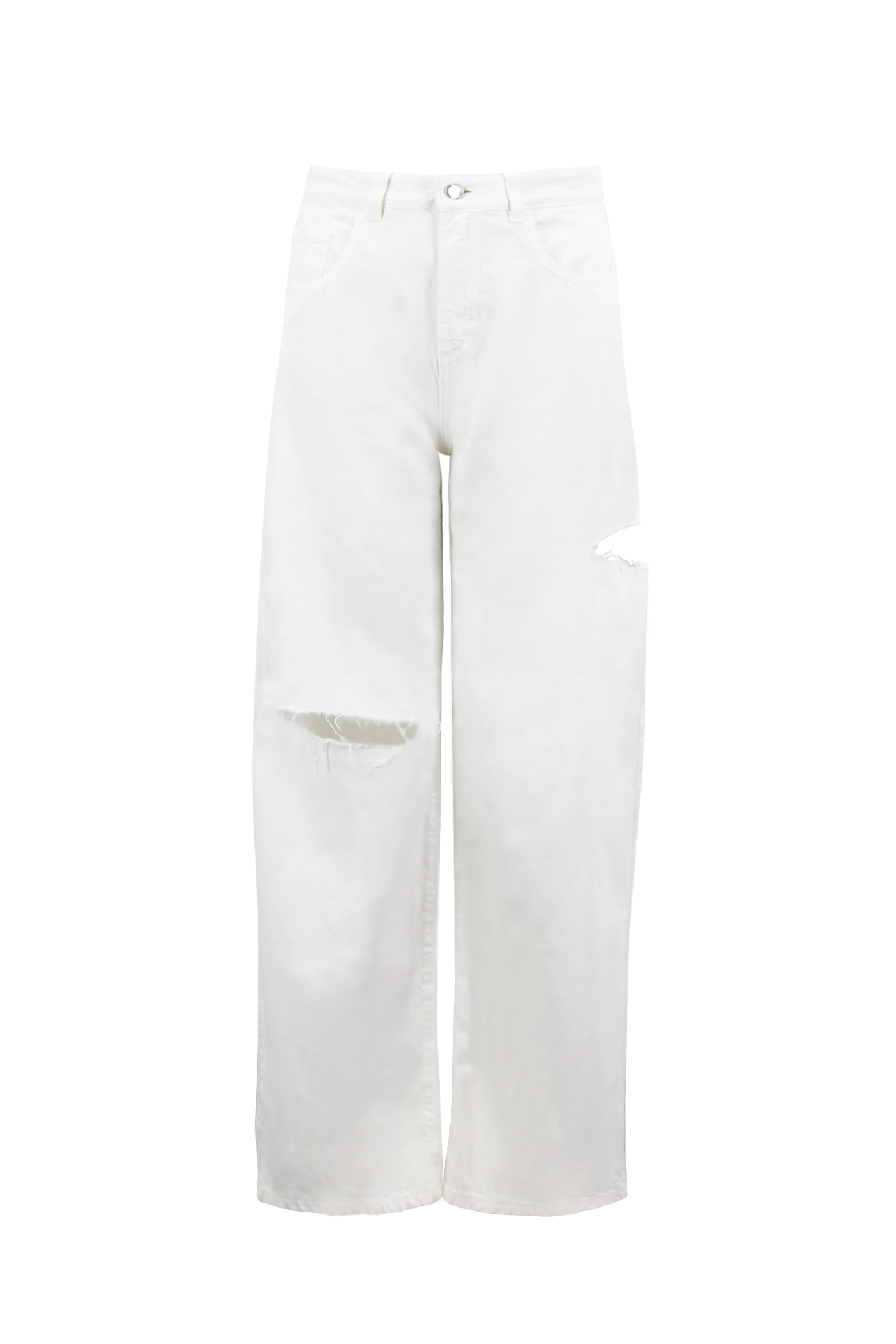 Still life of Poppy women’s wide leg jeans in white, 100% rigid soft cotton denim.
