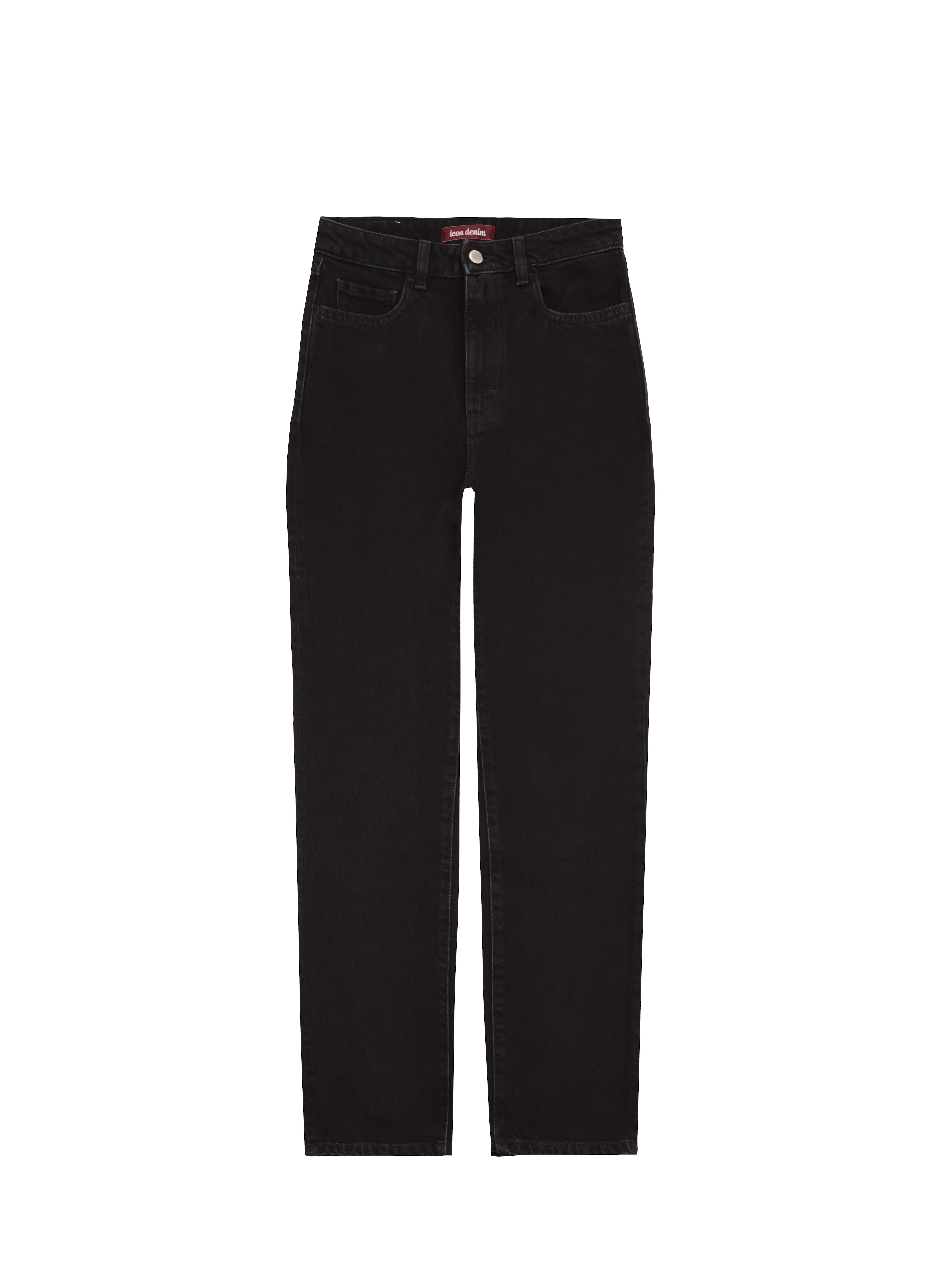 Still life of Rory women’s loose jeans in graphite black wash, 100% rigid cotton denim.