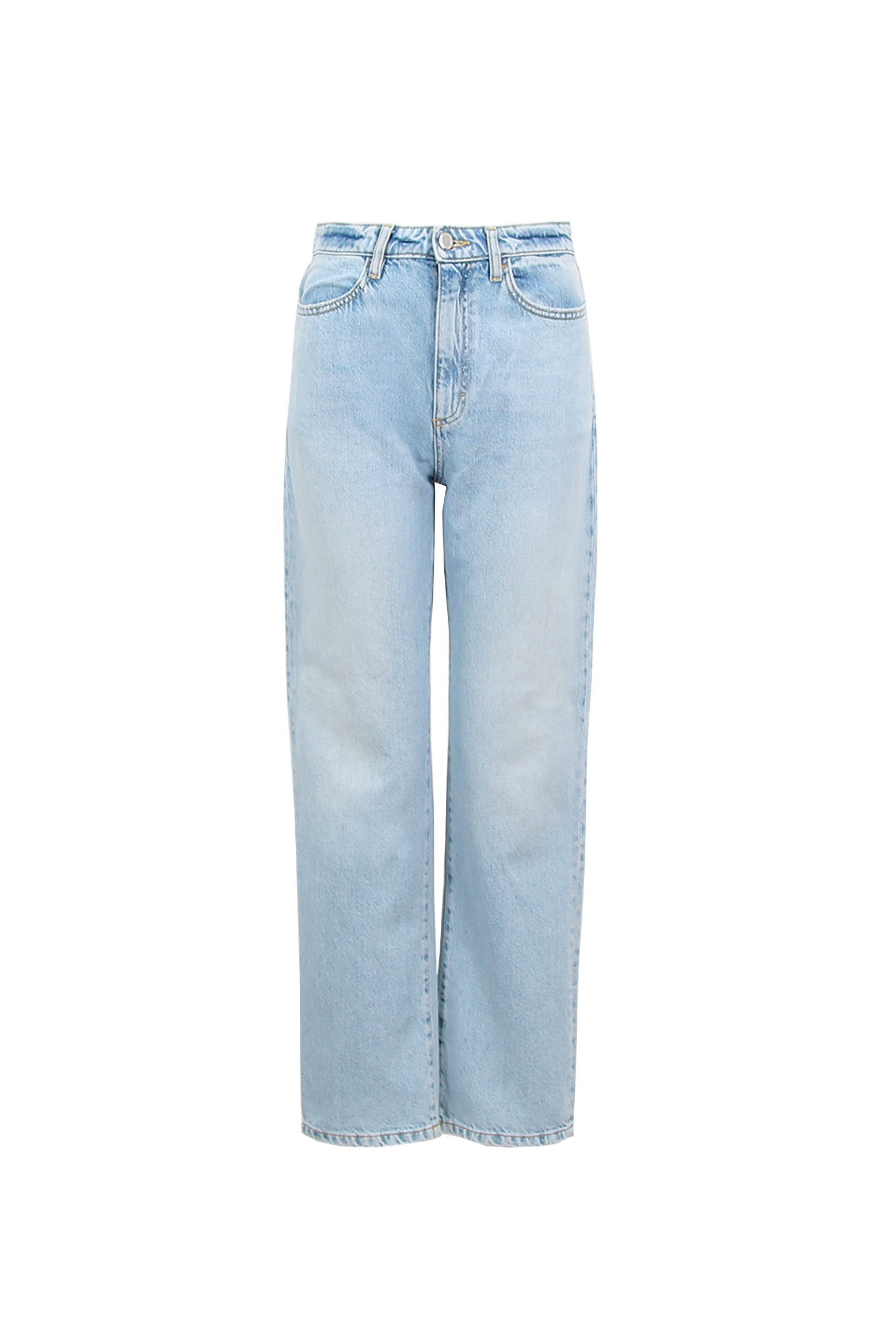 Still life of Rose women’s straight leg jeans in light wash, 100% rigid cotton denim.