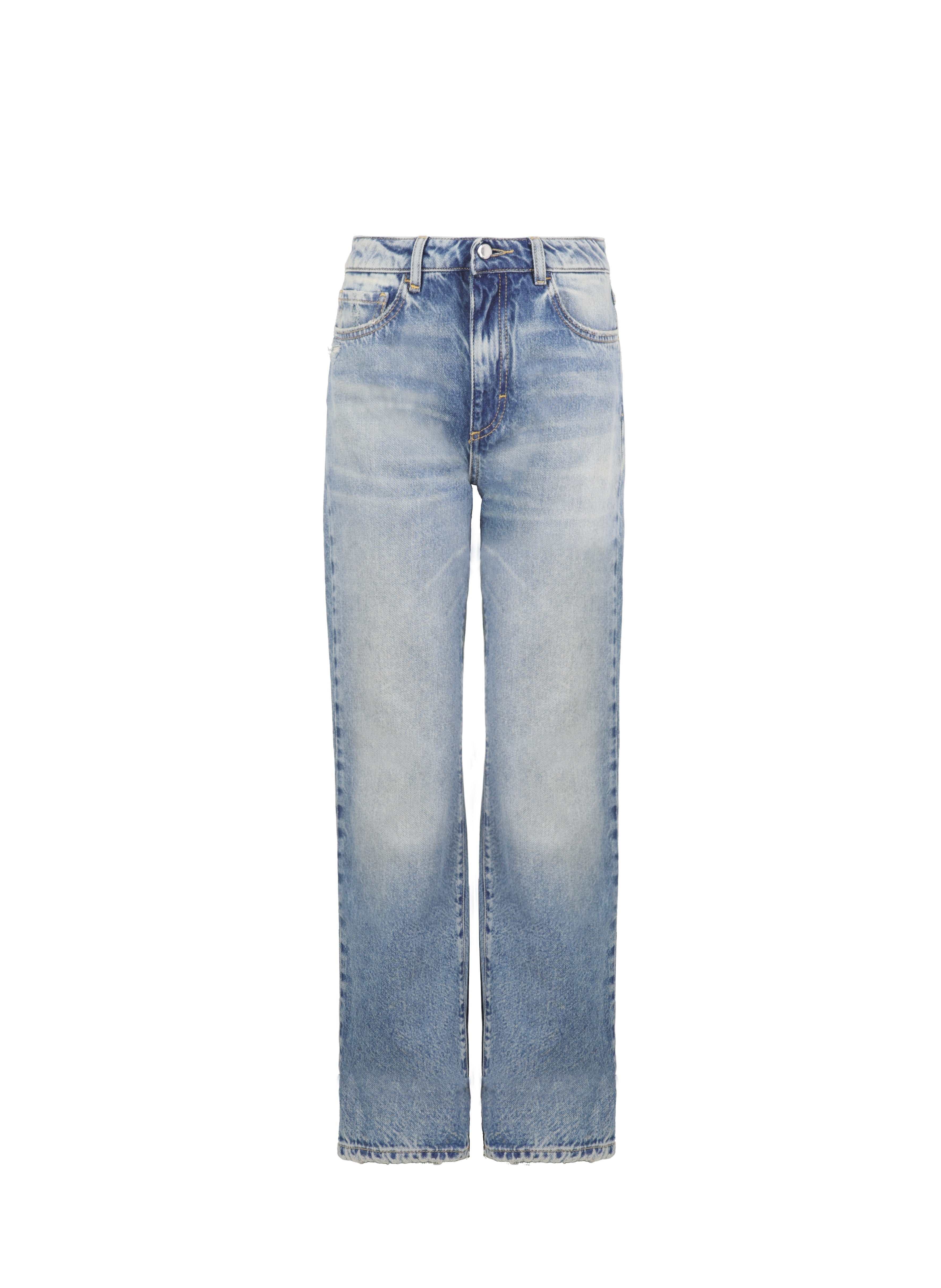 Still life of Skye women’s regular jeans in smoke blue wash, 100% rigid cotton denim.

