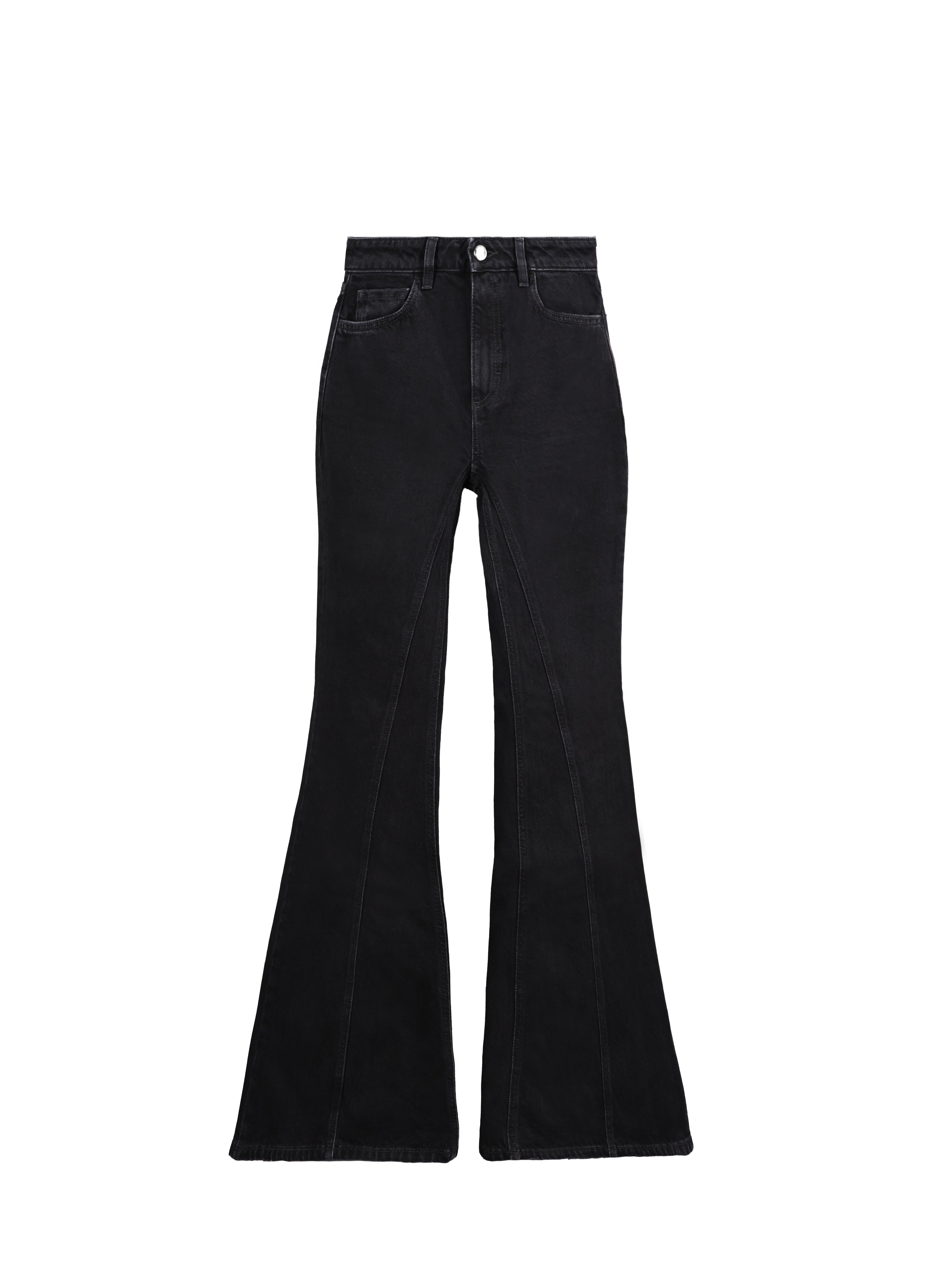 Still life of Stella women’s flared leg jeans in graphite black wash, 100% rigid cotton denim.