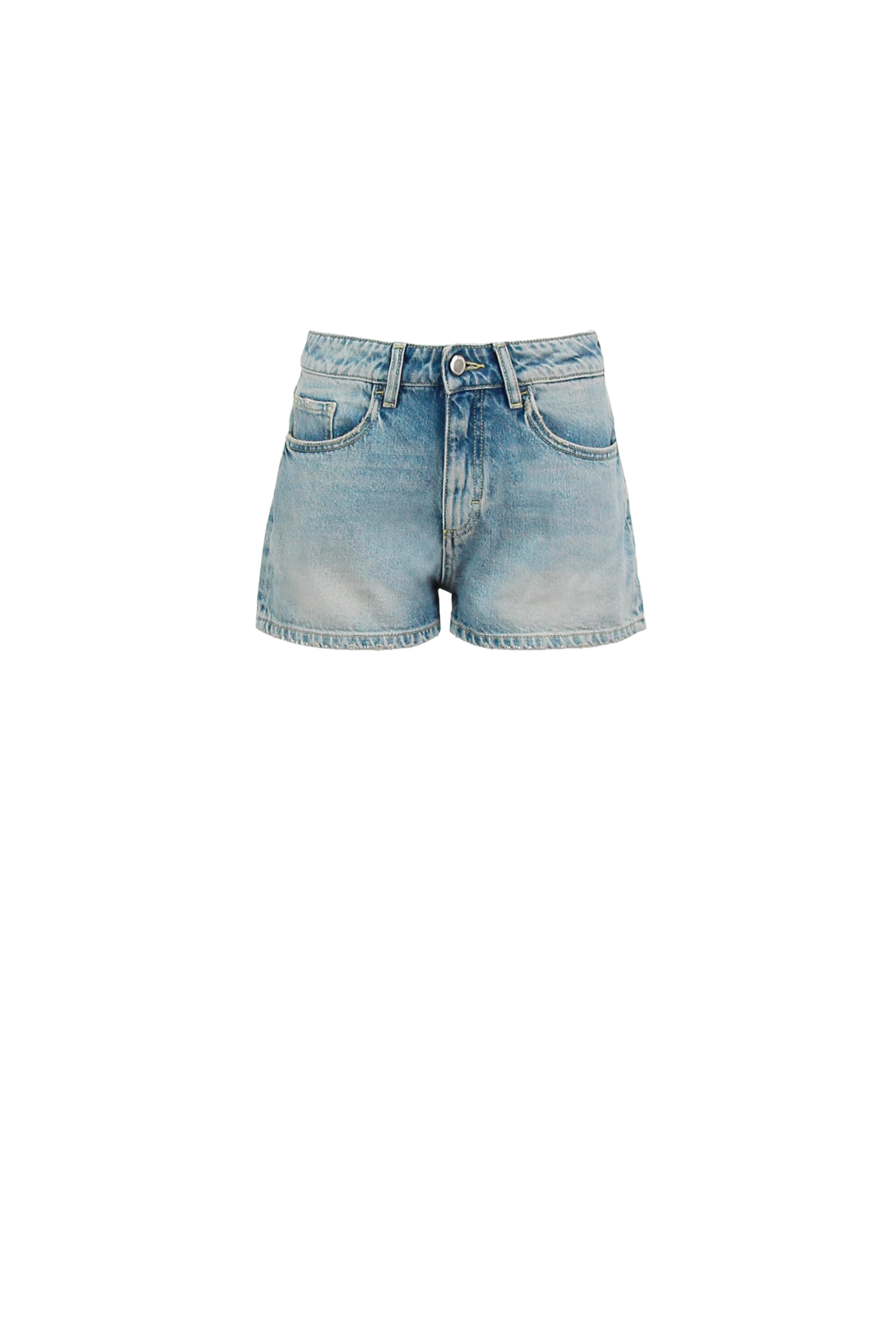 Still life of Tam women’s straight leg short jeans in smoke blue wash, 100% rigid cotton denim.