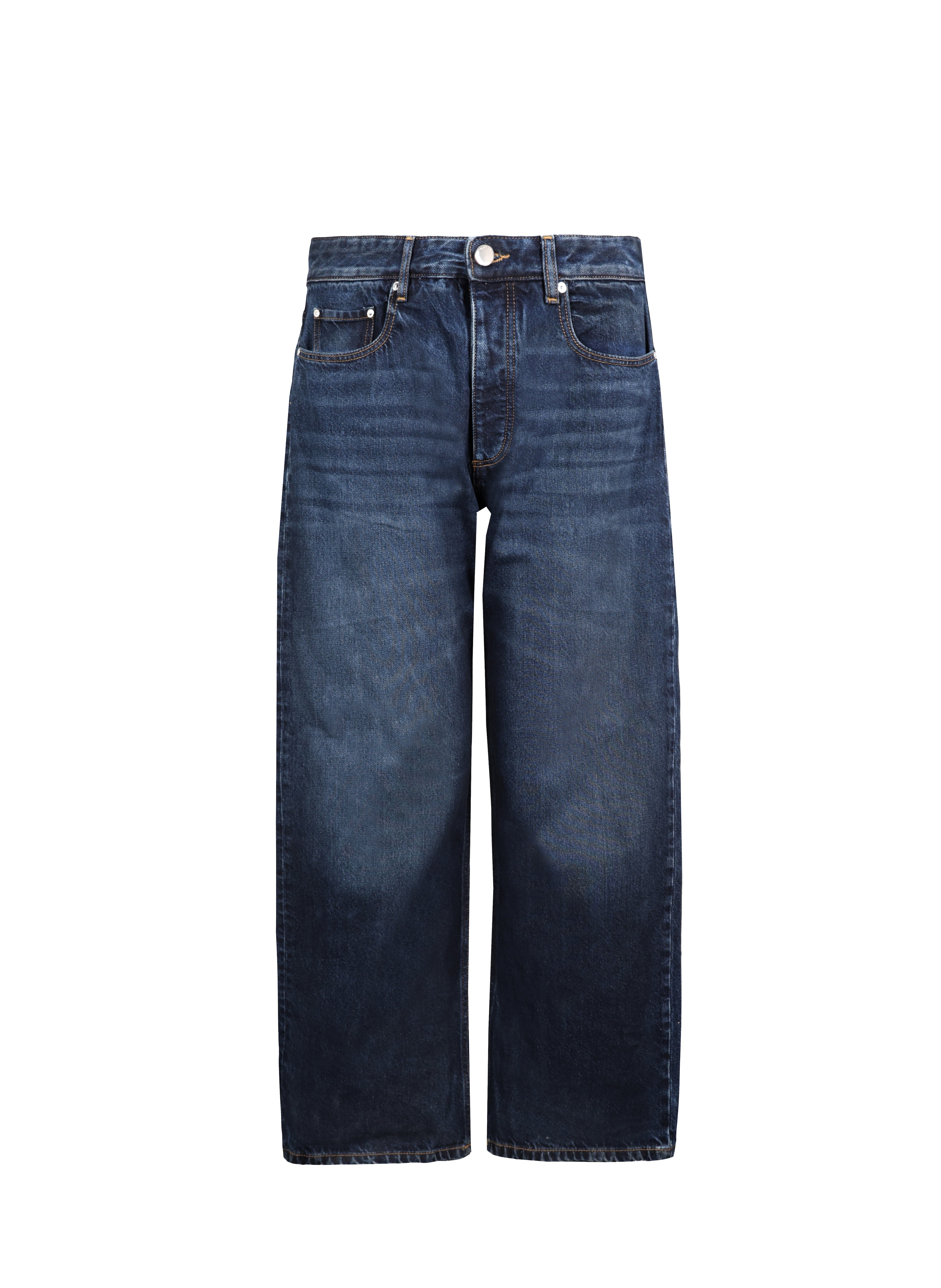 Still life of Will men’s wide leg jeans in dusty blue wash, 100% rigid cotton denim.