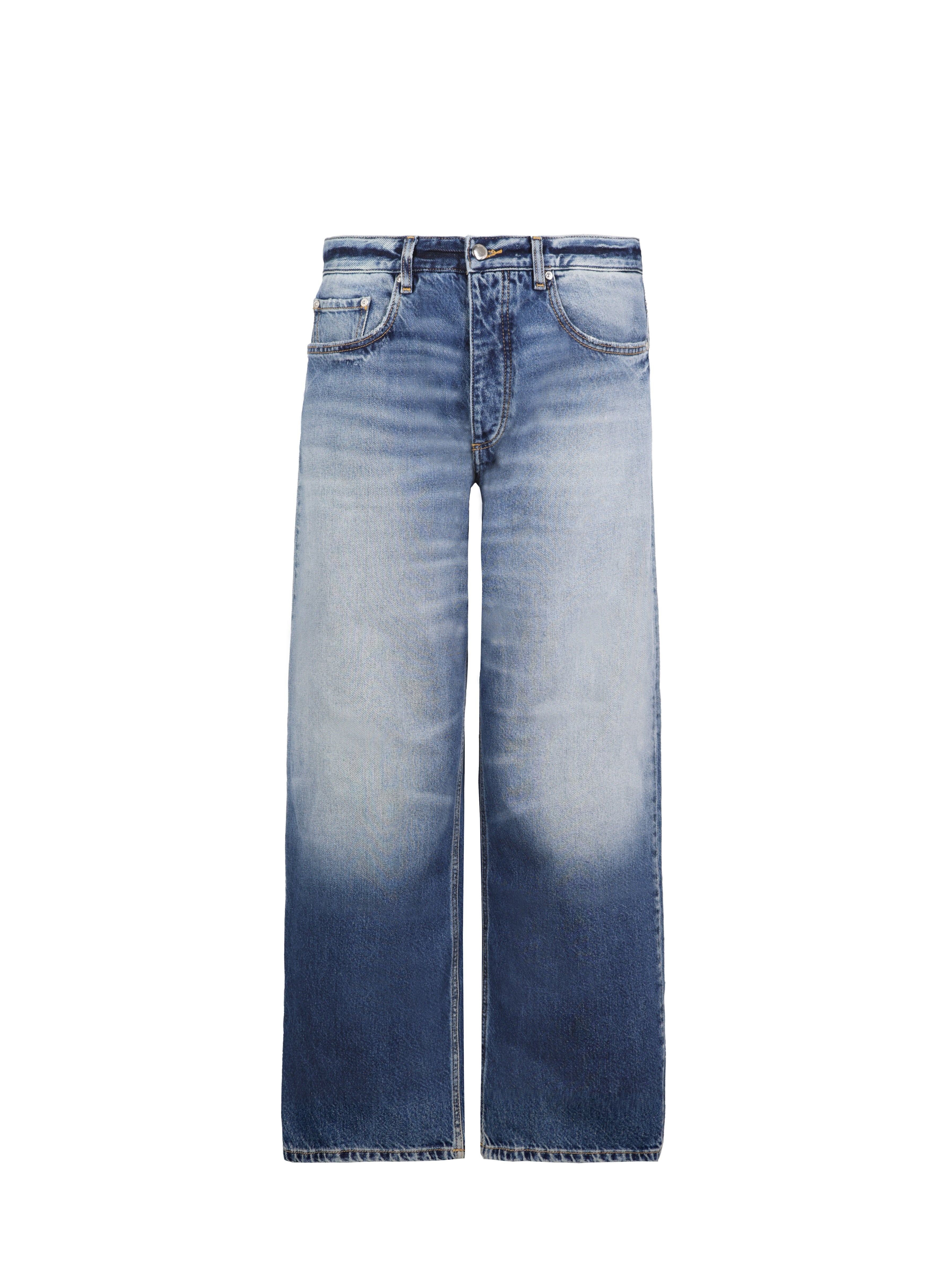 Still life of Will men’s wide leg jeans in misty blue wash, 100% rigid cotton denim.